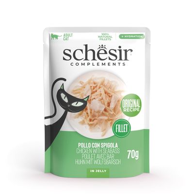 Schesir Complements para gatos adultos, receita original com peito de frango em geleia. Embalagem: 6x70g, total 420g. Filetes 100% naturais, +hidratação.