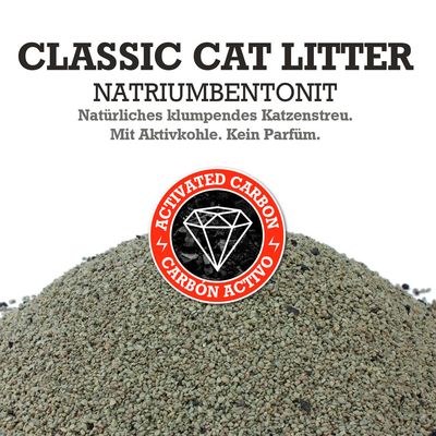 Classic Cat Litter in bentonite di sodio. Lettiera per gatti agglomerante naturale con carbone attivo. Senza profumo. Sigillo: Activated Carbon.