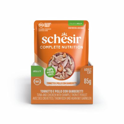 Schesir Complete Nutrition pro dospělé kočky, filet z tuňáka v želé, 6x85g, s přidanými vitaminy, 100% přírodní filety.