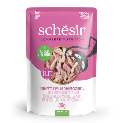 Schesir Complete Nutrition aikuisille kissoille, tonnikalafileet hyytelössä, 6x85g, lisävitamiineilla, 100 % luonnolliset fileet.