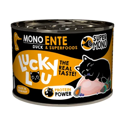 Boîte Lucky Lou MONO ENTE Duck & Superfoods, texte visible : The real taste!, Protein Power, Made in Germany, illustration de chat noir et cuisse de canard, mentions Super Mono.