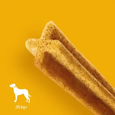 Tuggartiklar för hundar från 25 kg, gul bakgrund med bild av produkten och symbol för stor hund.