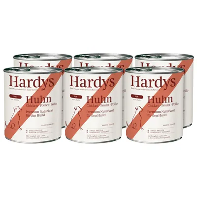 Hardys Huhn Pur, премиальный натуральный корм для собак, монопротеин, произведено в Германии. Упаковка из шести банок.