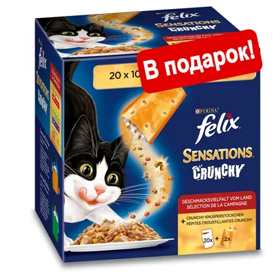 Корм для кошек Purina Felix Sensations Crunchy, 20×100 г. Надпись: В подарок! Корм для кошек Purina Felix Sensations Crunchy, 20×100 г. Надпись: В подарок!