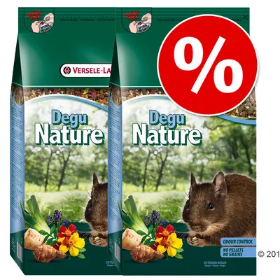 Versele-Laga Degu Nature, Futtermischung für Degus. Aroma Pack, geruchsneutral, ohne Pellets und Getreide. Rabatt-Symbol mit Prozentzeichen sichtbar.