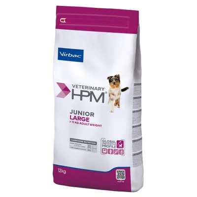 Virbac Veterinary HPM Junior Large >11 kg Poids Adulte, Nutrition Carnivore : Protéine 35 %, Matières grasses 18 %, Glucides 28 %, sac de 12 kg, symboles du Profil Préventif Global visibles. Virbac Veterinary HPM Junior Large >11 kg Poids Adulte, Nutrition Carnivore : Protéine 35 %, Matières grasses 18 %, Glucides 28 %, sac de 12 kg, symboles du Profil Préventif Global visibles.