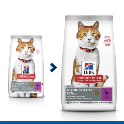 Dve balenia Hill's Science Plan Sterilised Cat Adult 1–6 Years s kačacím mäsom, zmena dizajnu obalu. Viditeľné logo, názov produktu a informácia o obsahu kačacieho mäsa. Dve balenia Hill's Science Plan Sterilised Cat Adult 1–6 Years s kačacím mäsom, zmena dizajnu obalu. Viditeľné logo, názov produktu a informácia o obsahu kačacieho mäsa.