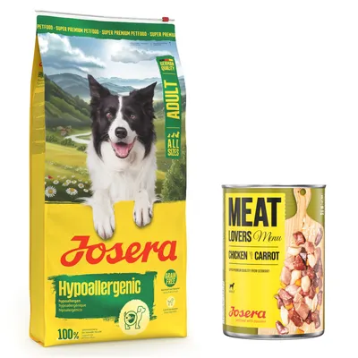 Josera Adult 12,5 kg + Meatlovers Nassfutter 6 x 400 g / 800 g gratis! - Hypoallergenic + Menü Huhn & Karotte 6 x 400 g Josera Adult 12,5 kg + Meatlovers Nassfutter 6 x 400 g / 800 g gratis! - Hypoallergenic + Menü Huhn & Karotte 6 x 400 g