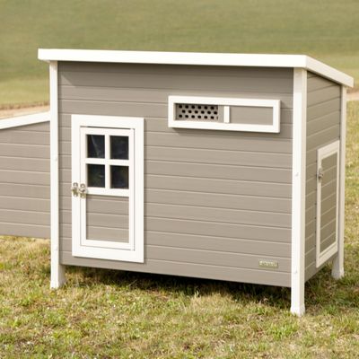 Szary drewniany kurnik z białą ramą, oknem, otworami wentylacyjnymi i dwojgiem drzwi. Stoi na trawie.