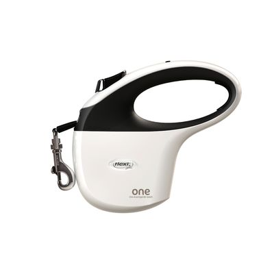 Flexi One dog lead in white and black with ergonomic handle and metal snap hook. Inscription: 'one - the avantgarde leash'.