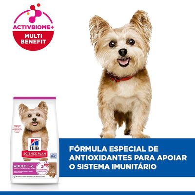 Hill's Science Plan Adult 1-6 Small & Mini até 10 kg com cordeiro e arroz. Mistura especial de antioxidantes para apoiar a imunidade de cães adultos de porte pequeno.