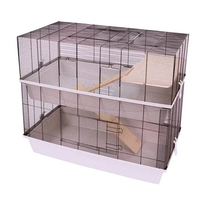Gabbia a due piani con pareti a griglia metallica, base in plastica bianca e rampe in legno tra i livelli.
