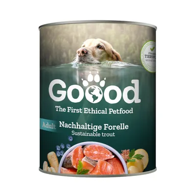 Goood Adult Nachhaltige Forelle. The First Ethical Petfood. Für mehr Tierwohl zertifiziert. Abgebildet: Forellenfilets, Kartoffeln und Karotten.