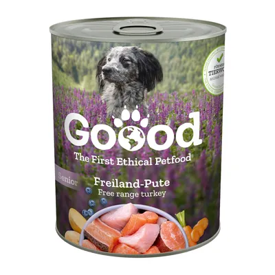Goood Freiland-Pute Senior. The First Ethical Petfood. Für mehr Tierwohl zertifiziert. Zutaten: Pute, Karotten, Blaubeeren. Goood Freiland-Pute Senior. The First Ethical Petfood. Für mehr Tierwohl zertifiziert. Zutaten: Pute, Karotten, Blaubeeren.