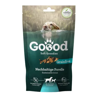 Goood Soft Goodies, nachhaltige Forelle, Grainfree. Getreidefreie Rezeptur, für alle Rassen, heimische Superfoods. Tierwohl zertifiziert, Made in Germany.