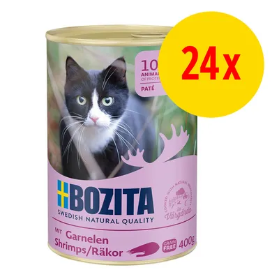 Confezione da 24x400g Bozita paté per gatti, gusto gamberetti, senza cereali. Testo visibile: '100% animal protein', 'Swedish natural quality', 'Grain free'.