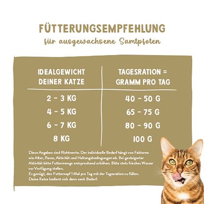 Fütterungsempfehlung für ausgewachsene Katzen: 2-3 kg = 40-50 g, 4-5 kg = 65-75 g, 6-7 kg = 80-90 g, 8 kg = 100 g Futter pro Tag. Hinweise zur Anpassung und Wasserzugabe.