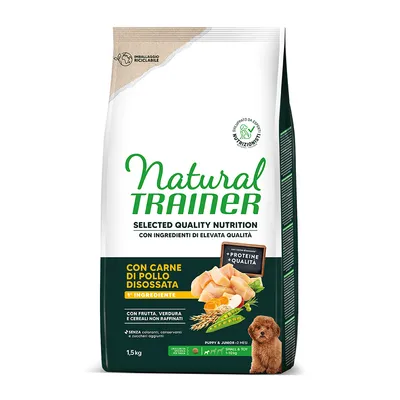 Natural Trainer Hundefutter, 1,5 kg, mit entbeintem Hühnerfleisch als Hauptzutat. Enthält Obst, Gemüse und unraffinierte Getreide. Ohne Farbstoffe, Konservierungsstoffe und Zuckerzusätze.