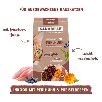 Sanabelle Indoor mit Perlhuhn & Preiselbeeren, für ausgewachsene Hauskatzen, mit frischem Huhn, leicht verdaulich.
