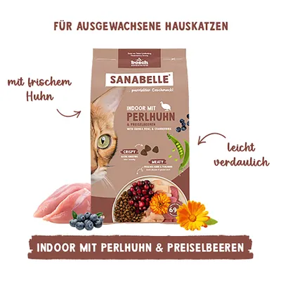 Sanabelle Indoor mit Perlhuhn & Preiselbeeren, für ausgewachsene Hauskatzen, mit frischem Huhn, leicht verdaulich. Sanabelle Indoor mit Perlhuhn & Preiselbeeren, für ausgewachsene Hauskatzen, mit frischem Huhn, leicht verdaulich.