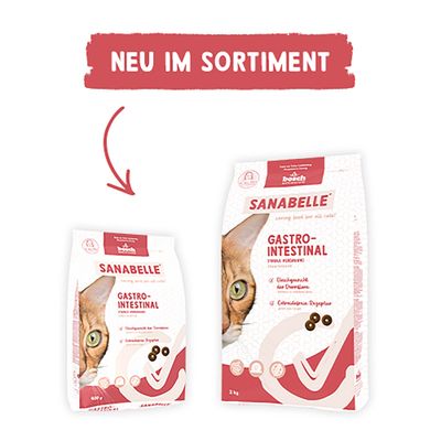Sanabelle Gastro-Intestinal Trockenfutter, neu im Sortiment. Zwei Packungsgrößen abgebildet: 400g und 2kg.