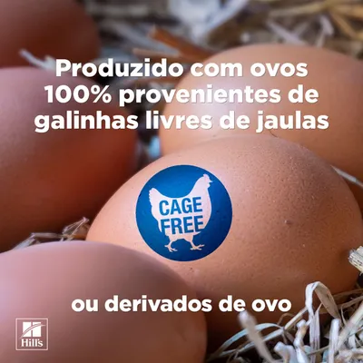 Produzido com ovos ou ovoprodutos de galinhas 100% criadas fora de gaiolas. Cage Free.