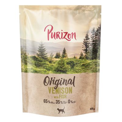 Venison with fish food for adult cats, 70% premium animal ingredients, 30% fruits, vegetables and herbs, 0% added grain, 6.5kg bag shown.