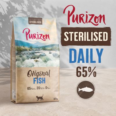 Purizon Sterilised Original Fish, DAILY 65%, 65% Fisch, 35% Gemüse, 0% Getreide, 6,5 kg. Abbildung einer Fisch-Silhouette.