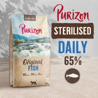 Purizon Sterilised Original Fish, DAILY 65%, 65% Fisch, 35% Gemüse, 0% Getreide, 6,5 kg. Abbildung einer Fisch-Silhouette. Purizon Sterilised Original Fish, DAILY 65%, 65% Fisch, 35% Gemüse, 0% Getreide, 6,5 kg. Abbildung einer Fisch-Silhouette.