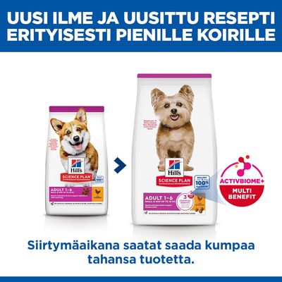 Hill's Science Plan Adult 1-6 Small & Mini -koiranruoka: uusi pakkausdesign ja resepti, maininta ActivBiome+ Multi Benefit -ominaisuudesta. Vaihdon aikana molemmat pakkaukset mahdollisia.