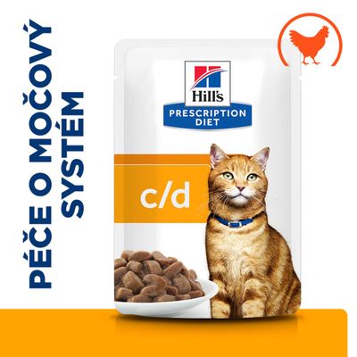 Hill's Prescription Diet c/d, péče o močový systém, obrázek s miskou vlhkého krmiva a symbolem kuřete.
