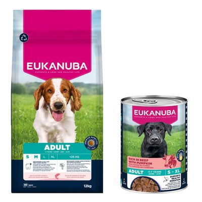 Eukanuba Premium Nutrition Dry Dog Food + Eukanuba Wet Dog Food Free! * Adult Small & Medium Breed Salmon (12kg) + Adult Rich in Beef with Pumpkin (3 x 400g)