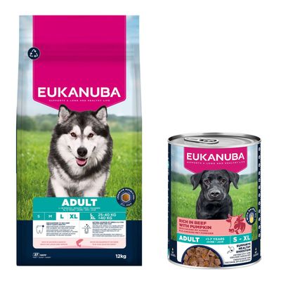 Eukanuba Premium Nutrition Dry Dog Food + Eukanuba Wet Dog Food Free! * Adult Large & Giant Breed Salmon (12kg) + Adult Rich in Beef with Pumpkin (3 x 400g)