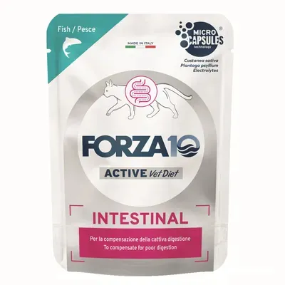 FORZA10 Active Vet Diet Intestinal med fisk, Microcapsules, Made in Italy, för att kompensera dålig matsmältning, innehåller Plantago psyllium och elektrolyter.