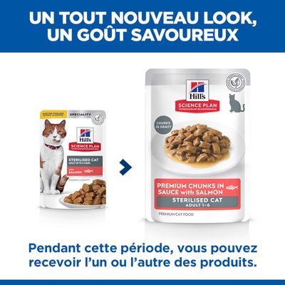 Hill's Science Plan Sterilised Cat au saumon, changement d'emballage : vous recevrez soit l'ancien, soit le nouveau design pendant la période de transition.