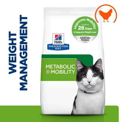 Hill's Prescription Diet Metabolic + Mobility Cat Food. Improves mobility in 28 days, supports weight loss. Clinically proven. With chicken. Hill's Prescription Diet Metabolic + Mobility Cat Food. Improves mobility in 28 days, supports weight loss. Clinically proven. With chicken.