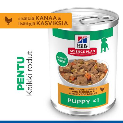 Hill's Science Plan Savoury Stew, Delicious Cuisine kanan ja vihannesten kera, alle 1-vuotiaille pennuille. Sisältää kanaa ja lisättyjä vihanneksia.