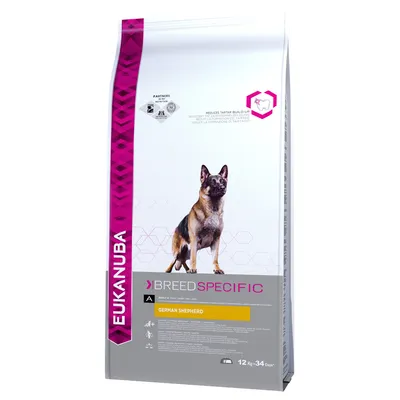 Saco de ração Eukanuba Breed Specific German Shepherd, 12 kg. Imagem de um cão pastor alemão na embalagem. Texto visível: 'Reduz a formação de tártaro'. Saco de ração Eukanuba Breed Specific German Shepherd, 12 kg. Imagem de um cão pastor alemão na embalagem. Texto visível: 'Reduz a formação de tártaro'.