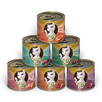 Kitty Cat Paté våtfoderburkar i sex varianter: lax & fjäderfä, lamm & fjäderfälever, vilt & fjäderfäthjärtan, kalkon & räkor, nötkött & kalkon, fasan & anka.