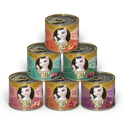Kitty Cat Paté våtfoderburkar i sex varianter: lax & fjäderfä, lamm & fjäderfälever, vilt & fjäderfäthjärtan, kalkon & räkor, nötkött & kalkon, fasan & anka.