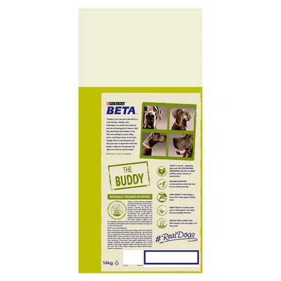 Product packaging showing key features: turkey as main ingredient, tailored nutrition, joint and heart health support, healthy skin and coat. Includes images of a dog and product information.