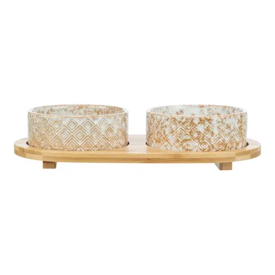 Trixie Napf-Set aus Keramik & Bambus - 2 x 300 ml, L 30 x B 6 x H 15 cm