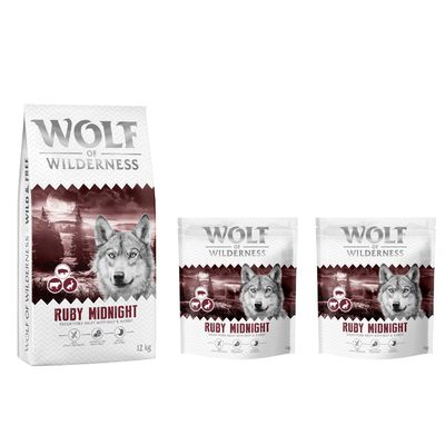 Wolf of Wilderness Logo. Hund springt über moosbedeckte Felsen in einem Wald.