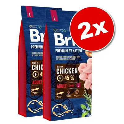 Lot de 2 sacs Bri Premium by Nature Adult Large L, 45 % poulet, pour chiens adultes grandes races 25–45 kg. Texte en anglais visible sur l’emballage.