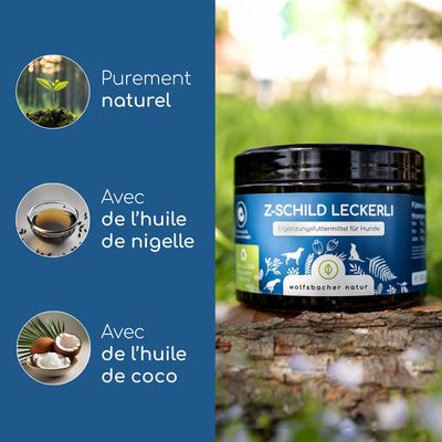 Wolfsbacher Natur Z-Schild Friandises aliment complémentaire pour chiens, entièrement naturel, avec de l'huile de cumin noir et de l'huile de coco.