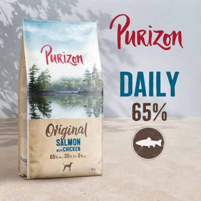 Purizon Original Lazac Csirkével DAILY 65%. 65% hal, 35% egyéb összetevők, 0% gabona. 12 kg-os csomagolás kutyaszimbólummal.