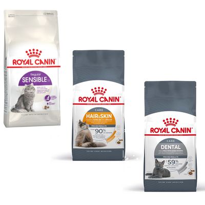 Royal Canin kattefoder, poser med teksten 'HAIR & SKIN', 'PROVEN RESULTS IN 21 DAYS', samt orange cirkel med 'Prøv nu!'. Kattegrafik på emballagen.