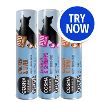 Three tubes of Cosma Snackies Duo Flavours: Chicken & Liver, Chicken & Shrimps, and Chicken & Tuna. Blue circle with 'Try Now' text in white.