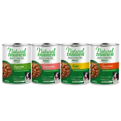 Natural Trainer Bocconcini Adult Medium & Maxi Chunks 415 g - Mix: 24 x 415 g (Huhn, Truthahn, Lachs, Lamm) Natural Trainer Bocconcini Adult Medium & Maxi Chunks 415 g - Mix: 24 x 415 g (Huhn, Truthahn, Lachs, Lamm)