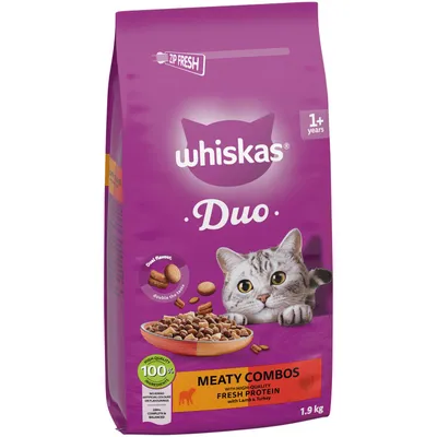 whiskas Duo Meaty Combos with lamb and turkey, 1.9 kg, 100% high-quality ingredients, fresh protein, no artificial colours or flavourings, for cats from 1 year whiskas Duo Meaty Combos with lamb and turkey, 1.9 kg, 100% high-quality ingredients, fresh protein, no artificial colours or flavourings, for cats from 1 year